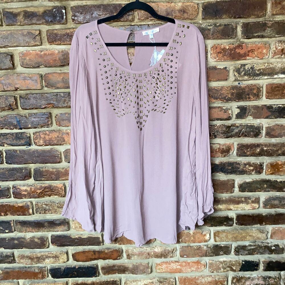 NWT Spense Mochachino Mauve Long Sleeve Beaded Blouse Women's Size 1X
